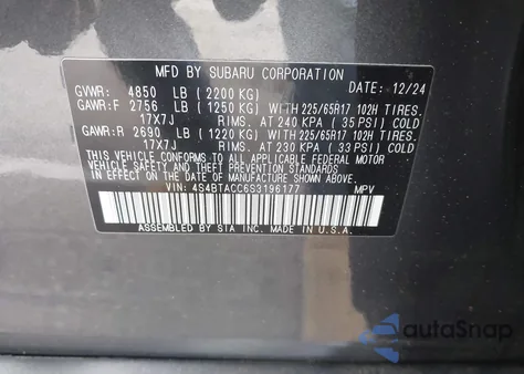 2025 Subaru Outback Premium z USA, uszkodzony, nr VIN 4S4BTACC6S3196177